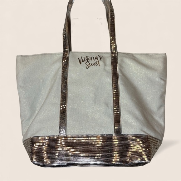Victoria's Secret Handbags - Victoria's Secret Shimmer Glam Sequin Tote Bag White Gold NWOT